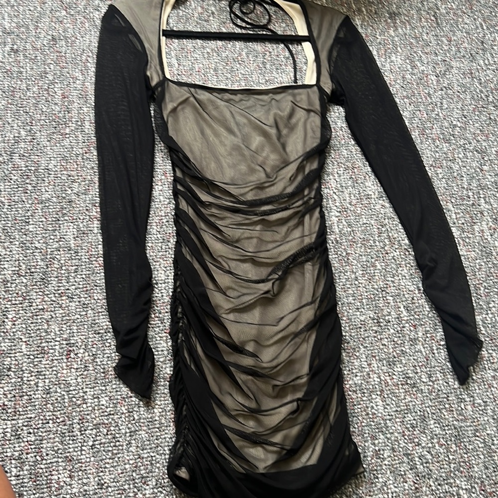 black mini long sleeve mesh dress